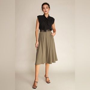 J.ING Tan Belted Pleat Detail Midi Skirt